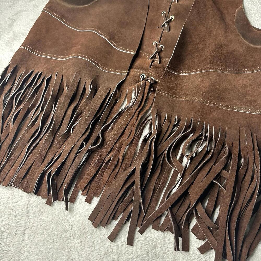 Vintage 70s Brown Leather Cowboy Fringe Tassel Boho Western Outlaw Vest 20 X 26 - Picture 4 of 9
